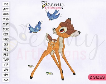Birds Playing with Bambi Embroidery Design, 4x4 and 5x7 Hoop, Bambi Embroidery Designs, Bambi Machine Embroidery Designs, Deer Embroidery