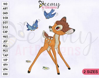 Birds Playing with Bambi Embroidery Design, 4x4 and 5x7 Hoop, Bambi Embroidery Designs, Bambi Machine Embroidery Designs, Deer Embroidery