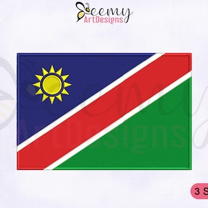 May include: Embroidered design of the Namibian flag. The flag features a blue triangle with a white stripe, a red stripe, and a green triangle. The flag also features a yellow sun with 12 rays.