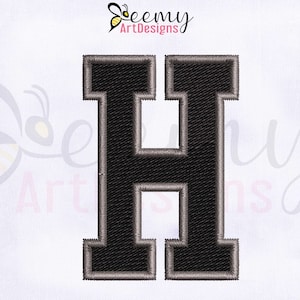 May include: Black embroidered letter "H" with a gray border, on a white background. The image includes the text "Seemy ArtDesigns" and various file format codes. This design is suitable for embroidery projects.