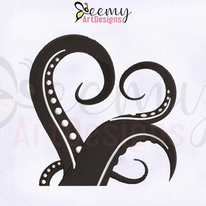 May include: Black and white embroidery design of an octopus tentacle in the shape of a heart. The design is perfect for creating a unique and whimsical embroidery project.