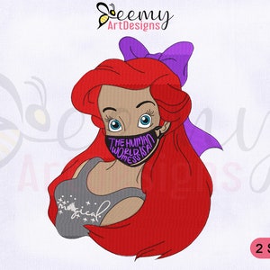 Princess Ariel Wearing Mask Embroidery Design, 2 Sizes EMB, Mermaid Embroidery Designs, The Human World is a Mess Ariel Embroidery Design