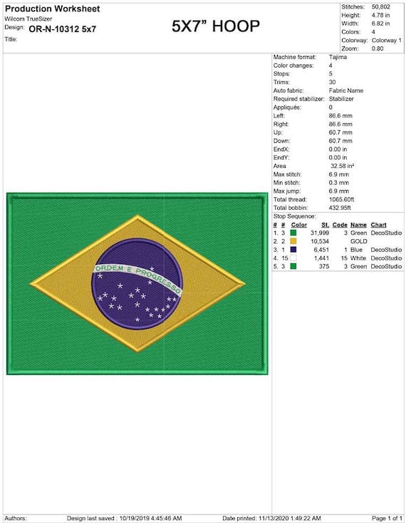 ブラジル国旗の機械刺繍デザイン、2.5x2.5、4x4、5x7のフープ刺繍