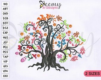 Disegno di ricamo colorato dell'albero della vita, telaio 4x4 e 5x7, disegni di ricamo dell'albero della vita, disegni di ricamo dell'albero della vita, albero colorato EMB