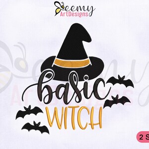May include: Black and yellow embroidery design of a witch's hat, bats, and the text "basic witch".