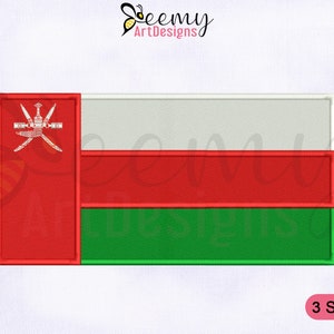May include: An embroidered patch of the flag of Oman. The flag is red, white, and green with a red rectangle on the left side featuring a white symbol of two crossed scimitars with a dagger above them. The text "3 SIZES" is visible in the lower right corner of the image.