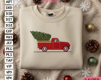 Vintage Christmas Truck Embroidery Design, 4x4 & 5x7 Hoop, Christmas Tree Truck Embroidery Design, Red Xmas Truck Machine Embroidery Designs