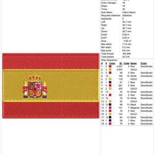 Spain Flag Machine Embroidery Design 2.5x2.5 Cap Design 4x4 Hoop 5x7 Hoop Spain Flag Embroidery Designs Flags Embroidery Designs imagem 2