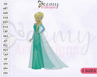 Desenho de bordado da Princesa Elsa de Frozen, para bastidores 4x4 e 5x7, lindo desenho de bordado à máquina da Princesa Elsa, desenhos de bordado à máquina de Frozen