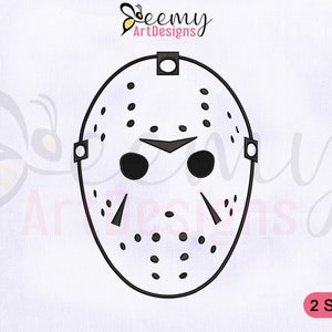 May include: Black and white embroidery design of a hockey mask with holes. The mask has a black strap and a black eye hole. The design is available in two sizes.