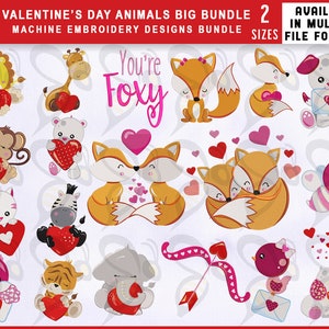 Valentine&#39;s Day Animals Big Bundle Embroidery Design Bundle, 2 Sizes EMB Designs, Valentine&#39;s Day Bear, Birds, Lion, Zarafa, Tiger, Fox EMB