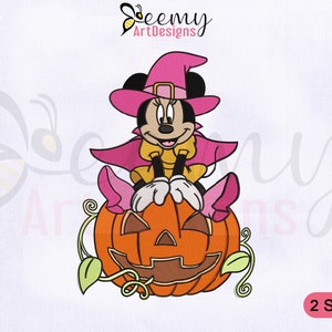 May include: A pink and black Halloween-themed embroidery design featuring a cartoon mouse wearing a witch's hat and sitting on a jack-o'-lantern.