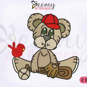 May include: Embroidered design of a brown teddy bear wearing a red baseball cap and holding a baseball bat and ball. A red bird is to the left of the bear.