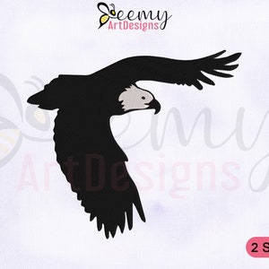 May include: Black silhouette of a bald eagle in flight. The eagle is facing left and has its wings spread wide. The image is on a white background with the text "Jeemy ArtDesigns" and "2 SIZES" in the bottom right corner.