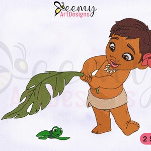 Baby Moana Machine Embroidery Design, Moana Embroidery Designs, Moana Holding Leaf With Frog Embroidery Design 2 Sizes Embroidery Designs