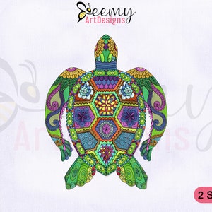 May include: A colorful, intricate mandala-style turtle design. The turtle's shell is decorated with a variety of geometric shapes and floral patterns in shades of green, blue, purple, orange, and yellow.