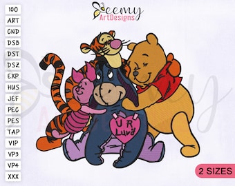 Desenho de bordado dos personagens do Ursinho Pooh, bastidor de 2,5" e 4x4", desenho de bordado do Tigrão, desenho de bordado do Bisonho, desenho de bordado do Leitão
