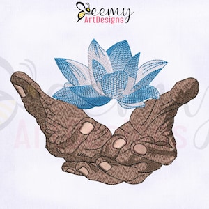 Holding Hand Lotus Flower Embroidery Design, 4x4 and 6x6 Hoop, Sacred Lotus Religious Embroidery Design, Flower Machine Embroidery Designs