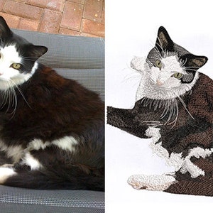 May include: A side-by-side comparison showing a black and white cat with yellow-green eyes on the left and a detailed machine embroidery design of the same cat on the right, featuring intricate thread work capturing the feline's fur pattern.