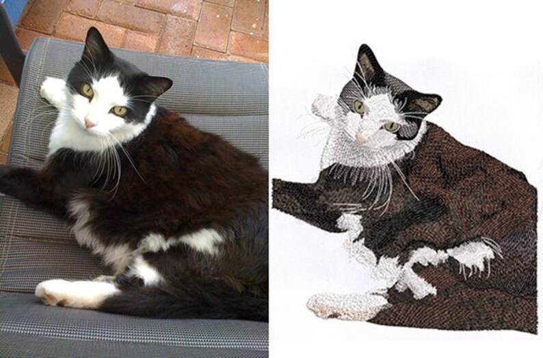 May include: A side-by-side comparison showing a black and white cat with yellow-green eyes on the left and a detailed machine embroidery design of the same cat on the right, featuring intricate thread work capturing the feline's fur pattern.