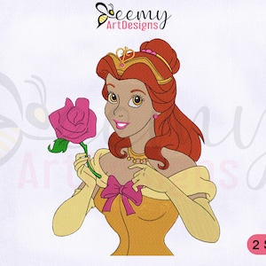 Belle With Flower Machine Embroidery Design, Beauty And The Beast EMB Designs, Princess Belle Embroidery Design, 2 Sizes Embroidery Designs