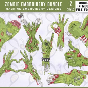 Könnte beinhalten: Ein Set mit acht Stickmotiven zum Thema Zombies. Die Motive beinhalten ein Herz, eine Hand, die das 'Okay'-Zeichen macht, eine Hand, die das 'Rock on'-Zeichen macht, eine Hand, die eine Herzform macht, eine Hand, die einen Daumen hoch zeigt, eine Hand, die zeigt und zwei Herzen mit Nähten. Die Motive sind in mehreren Dateiformaten verfügbar.