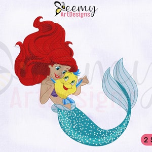 Flounder With Ariel Embroidery Design, Flounder Embroidery Design, Cute Princess Ariel Embroidery Design, 2 Sizes Mermaid Embroidery Designs