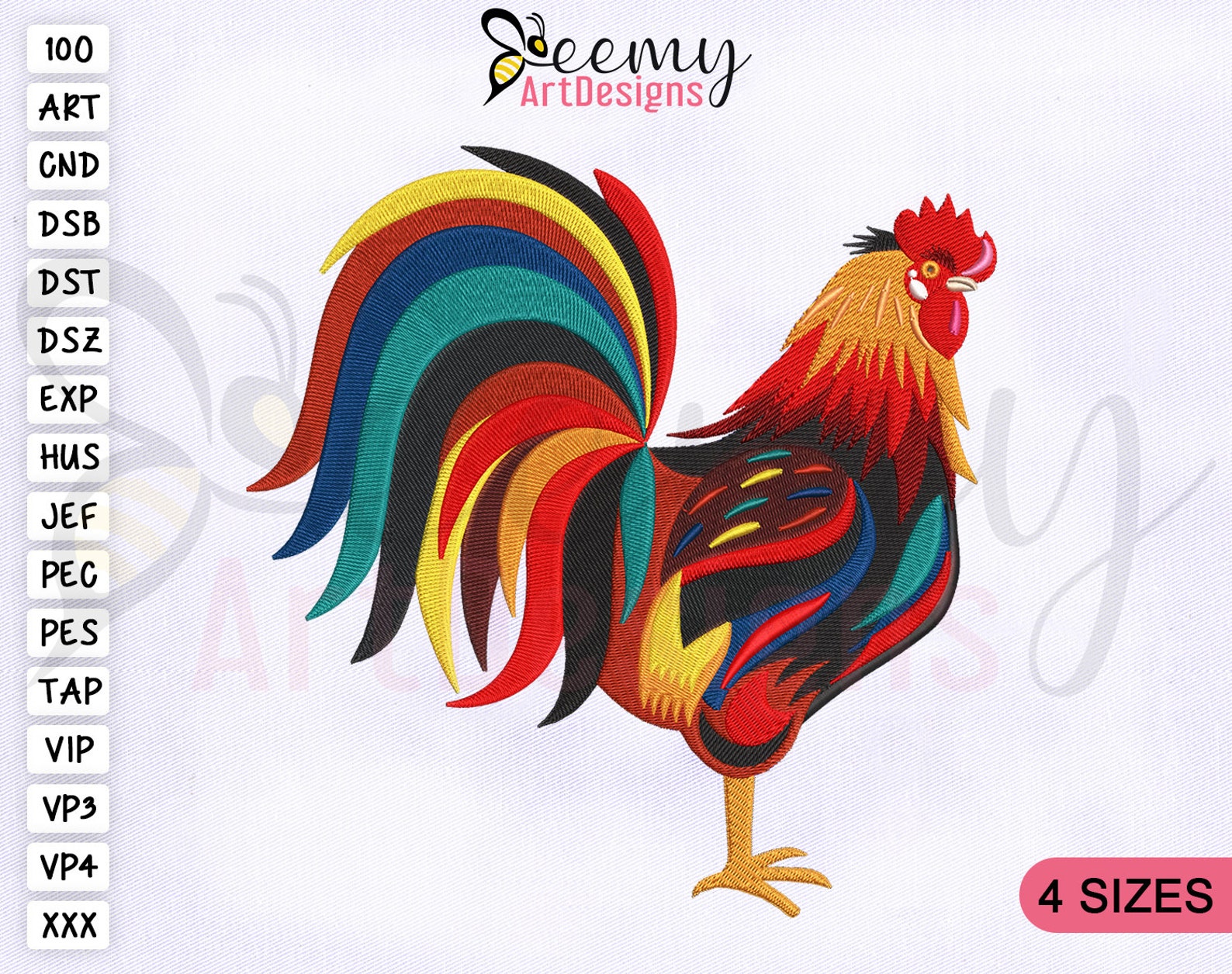 Colorful rooster embroidery design 4 sizes embroidery  etsy