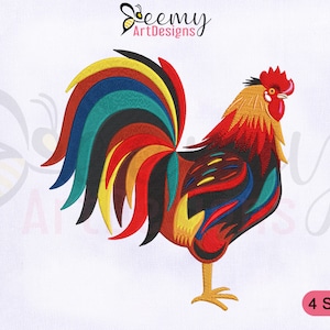 May include: Colorful rooster embroidery design in four sizes. The rooster is red, yellow, orange, green, blue, and black. The design is available in ART, CND, DSB, DST, DSZ, EXP, HUS, JEF, PEC, PES, TAP, VIP, VP3, VP4, and XXX formats.