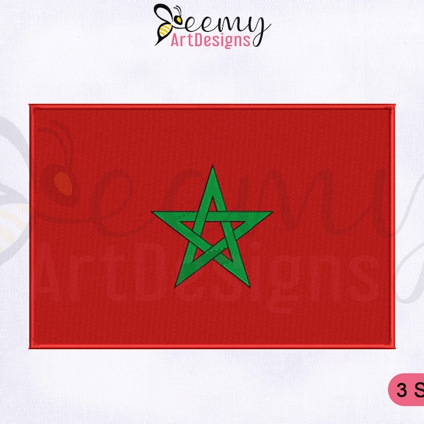 Motif de broderie Machine drapeau du Maroc, broderie chapeau 2,5 x 2,5 cm, cerceau 4 x 4 & 5 x 7, broderie de drapeaux de pays, motifs de broderie drapeau du Maroc