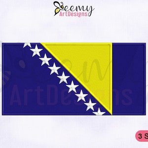 May include: Embroidered design of the Bosnian flag. The flag is blue with a yellow triangle in the upper hoist corner. There are eight white five-pointed stars in the triangle. The text "Beemy ArtDesigns" and "3 SIZES" are visible in the image.