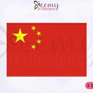 May include: Red rectangular flag with a large yellow five-pointed star in the upper left corner and four smaller yellow five-pointed stars arranged in a semi-circle in the upper right corner. The text "3 SIZES" is in the lower right corner.