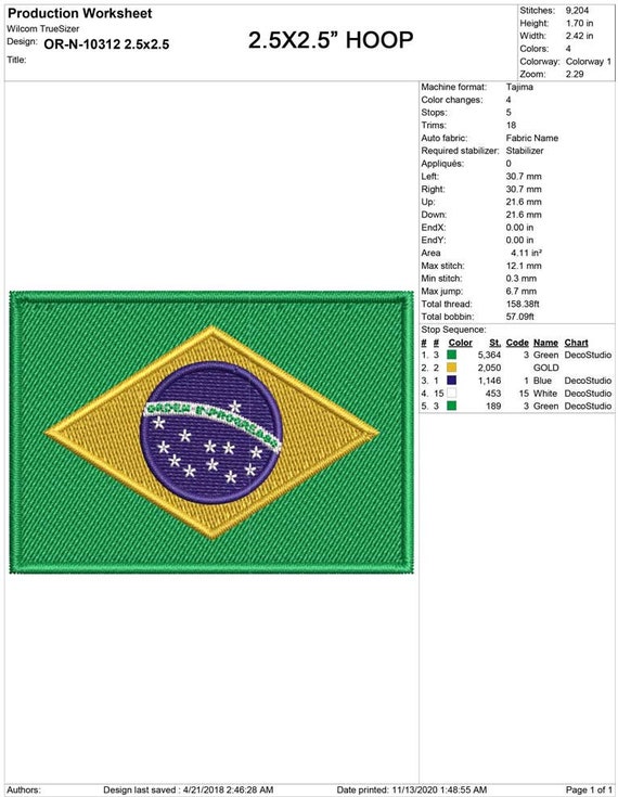 ブラジル国旗の機械刺繍デザイン、2.5x2.5、4x4、5x7のフープ