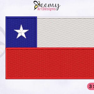 Könnte beinhalten: Gesticktes Abzeichen mit der chilenischen Flagge. Das Design zeigt ein blaues Quadrat mit einem weißen Stern, einen weißen Streifen und einen roten Streifen. Der Text "3 SIZES" ist sichtbar. Das Logo "Beemy ArtDesigns" ist ebenfalls vorhanden.