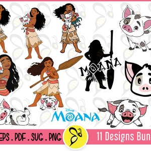 Könnte beinhalten: Ein digitales Design-Paket mit 11 Bildern von Moana und Pua aus dem Disney-Film Moana. Die Bilder zeigen Moana mit einem Schwein, Moana mit einem Paddel, Moana mit einem Schwein und einer Blume, Pua das Schwein und eine Silhouette von Moana mit einem Paddel. Der Text "Moana" ist im Design enthalten.