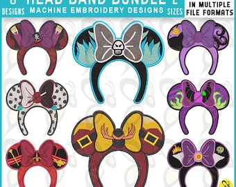 Lot de motifs de broderie serre-tête Minnie Mouse, cerceau 4 x 4 & 5 x 7 Cruella, Evil Queen, Facilier, Gaston, Hadès, Jafar, Maléfique, Ursula Emb