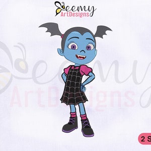 May include: Embroidered design of a cartoon girl with purple hair, blue skin, and a black and white spiderweb dress. The design is available in two sizes.