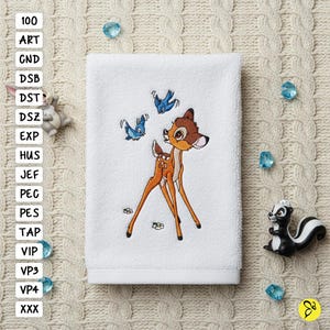 Birds Playing with Bambi Embroidery Design, 4x4 and 5x7 Hoop, Bambi Embroidery Designs, Bambi Machine Embroidery Designs, Deer Embroidery