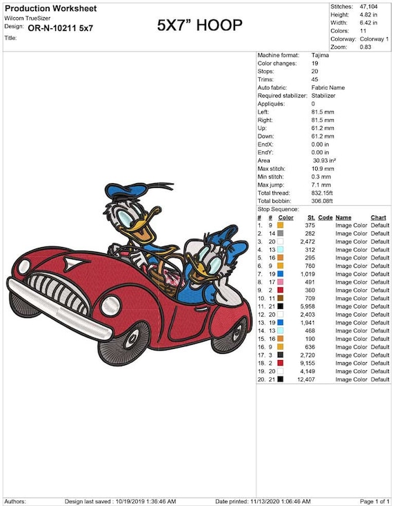 車を運転するドナルドとデイジーダックの刺繍デザイン | 4x4と