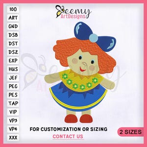 May include: A colorful cartoon doll design with a large blue bow, orange hair, and a yellow and blue dress. The image includes the text "FOR CUSTOMIZATION OR SIZING CONTACT US" and "2 SIZES".
