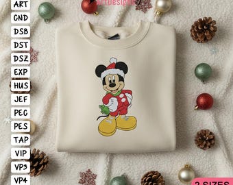 Desenho de bordado de Natal do Mickey Mouse, para bastidores 4x4 e 5x7, desenho de bordado do Mickey Mouse, desenho de bordado à máquina do Mickey e do Papai Noel no Natal