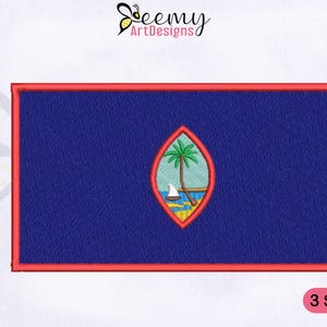 May include: Embroidered patch featuring the Guam flag. The flag has a blue background with a red border. The center displays a green palm tree, a white sailboat, and a yellow beach. The text "3 SIZES" is visible.