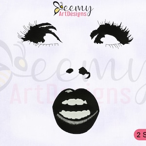 May include: Black and white embroidery design of a woman's face with large eyes and lips. The design is available in two sizes. Beemy ArtDesigns is printed in the top right corner.