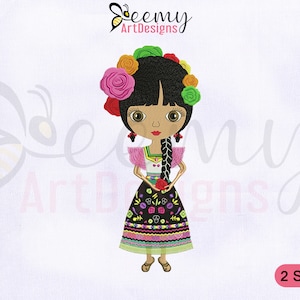 Desenho de bordado de boneca mexicana, bastidor 4x4 e 5x7, desenhos de bordado de máquina de boneca mexicana, desenho de bordado de máquina de menina mexicana fofa