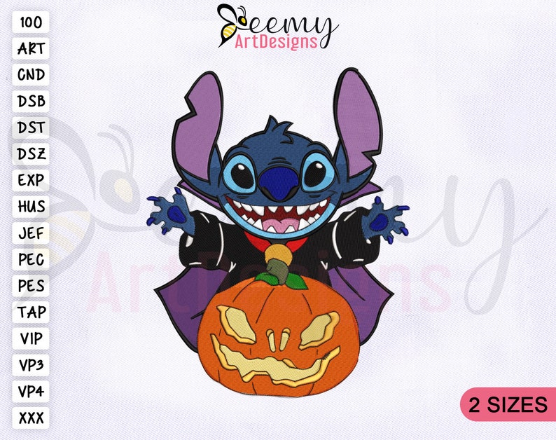 May include: A blue and purple cartoon character dressed as a vampire with a large, orange jack-o'-lantern. The character is holding a small, blue object in its right hand. The text "2 SIZES" is visible in the lower right corner of the image.