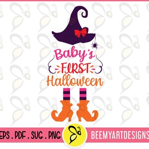 May include: A purple witch hat with a red bow and a spider on top. The text "Baby's First Halloween" is written in pink, orange, and black letters. The witch's legs are striped orange and black, and she is wearing orange and black shoes.