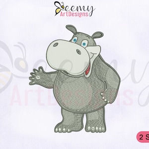 Grey Hippo Machine Embroidery Design, 4x4 and 5x7 Hoop Design, Cartoon Hippo Embroidery Designs, Cute Hippo Animal Machine Embroidery Design