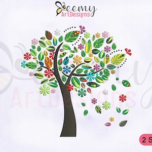 May include: An embroidered tree design with a brown trunk and a colorful canopy of leaves and flowers in shades of green, yellow, red, and blue. The design includes the text "Beemy ArtDesigns" and "2 SIZES".
