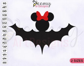 Minnie Witch Bat Embroidery Design, Halloween, 4x4 5x7 Hoop (Instant Download)