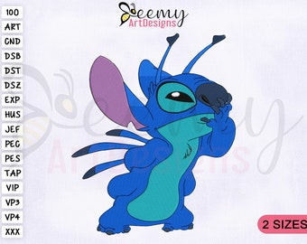 May include: Blue and teal Stitch character from Lilo & Stitch, with one hand covering his face, in a cartoon style. The image is for embroidery and includes two sizes.